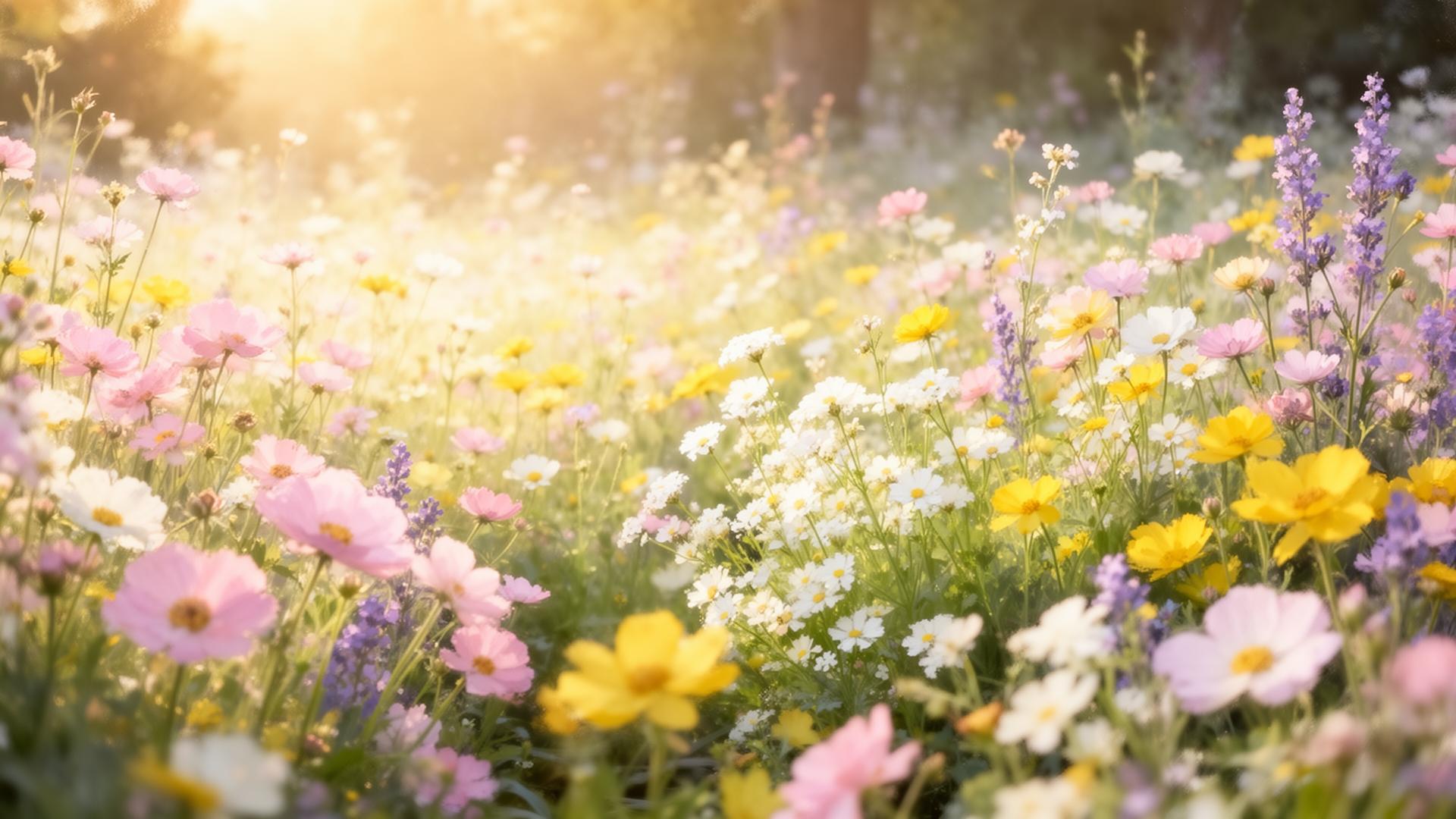 Bright sunlit meadow of pastel wildflowers